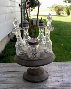 Watch for this Old Condiment  Carafe with Handblown  Glass Condiment  Salt, Vinegar, Pepper, Oil, and Sugar  pieces(?) at Countryside Antique Mall Booth 19